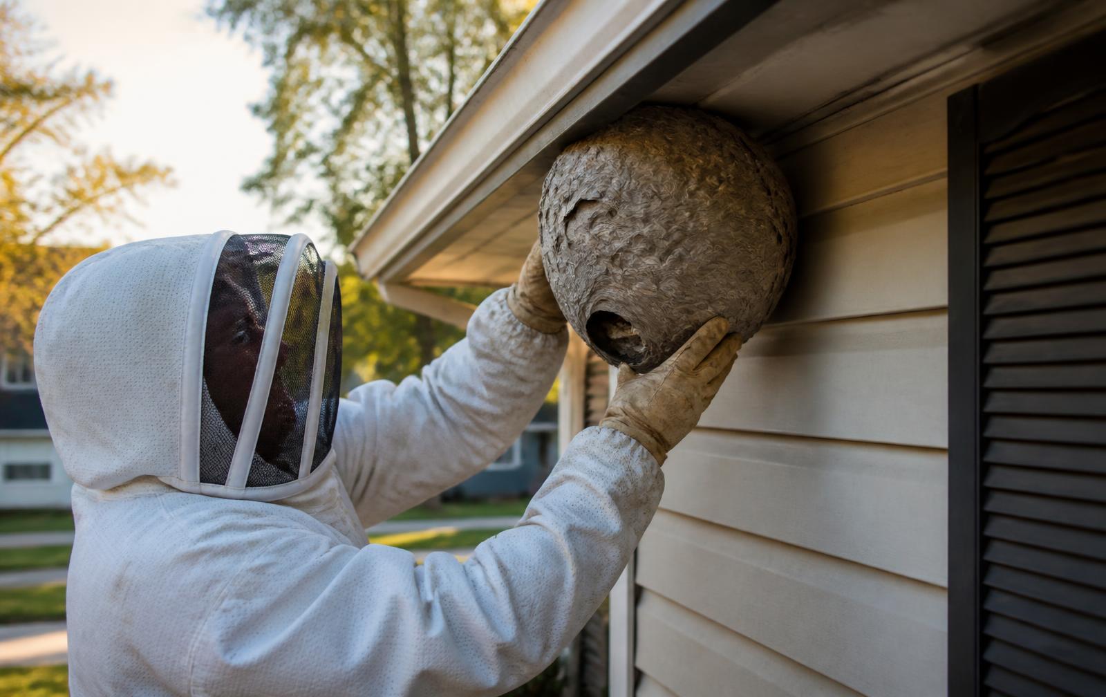 Technician in a protective suit removing a paper hornet nest from a home's eave
